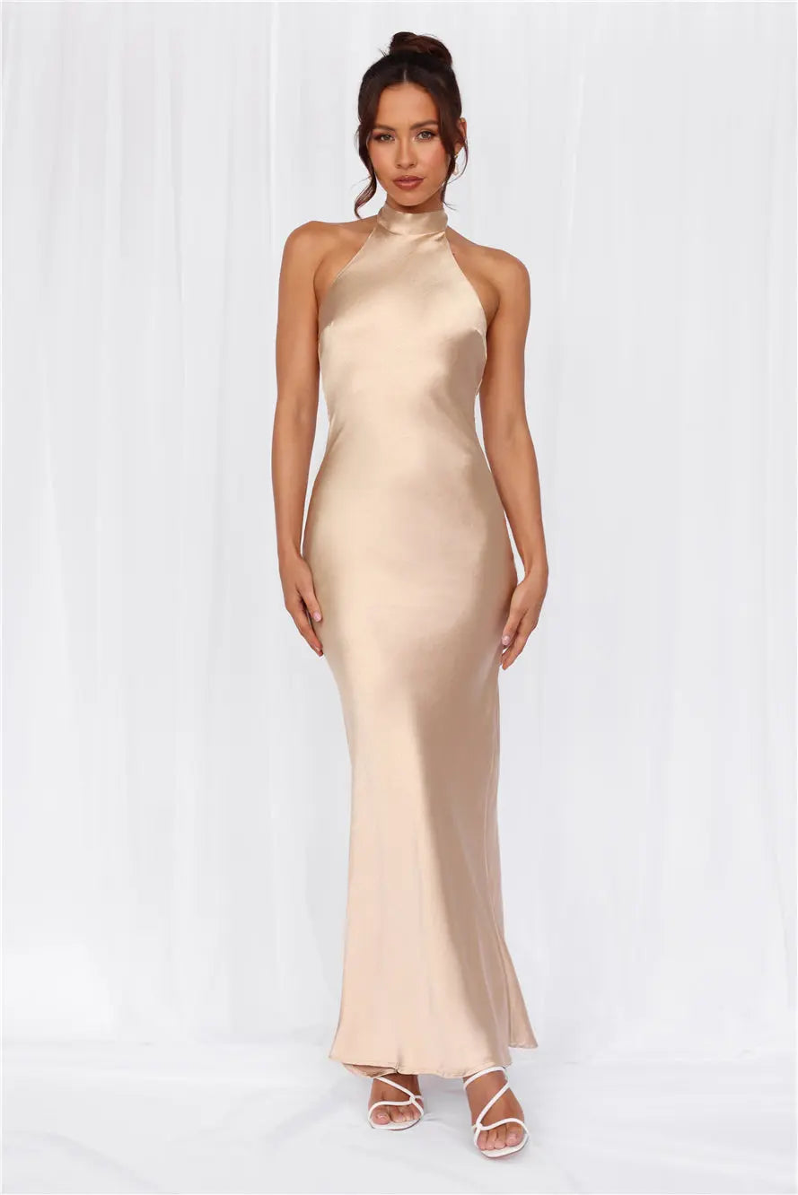 The Cleo Halter Satin Maxi Dress Champagne