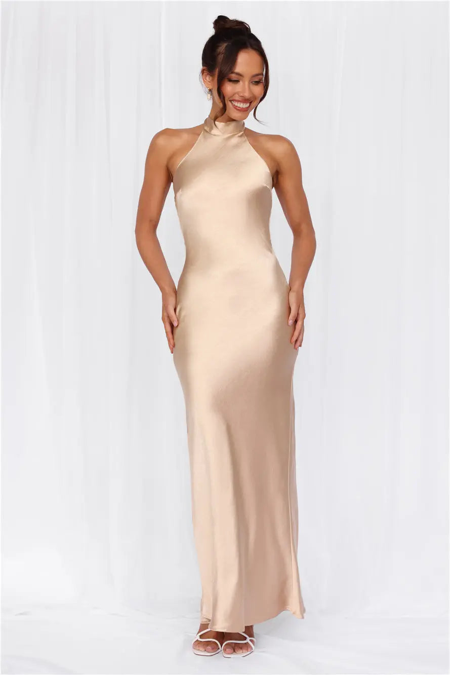The Cleo Halter Satin Maxi Dress Champagne